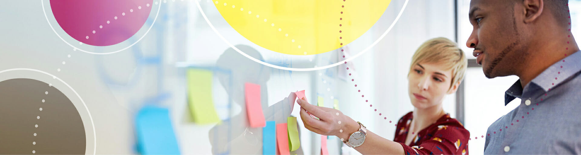 students placing stickies on a white board