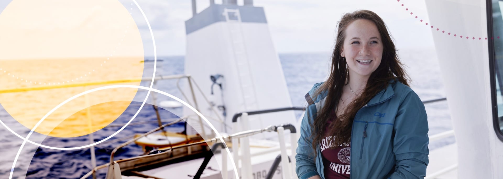 Aboard the RV Atlantic Explorer (RVAE) in Bermuda. Portrait of Andrea Brenner, ASU Biodesign Center for Fundamental & Applied Microbiomics and PhD Student.