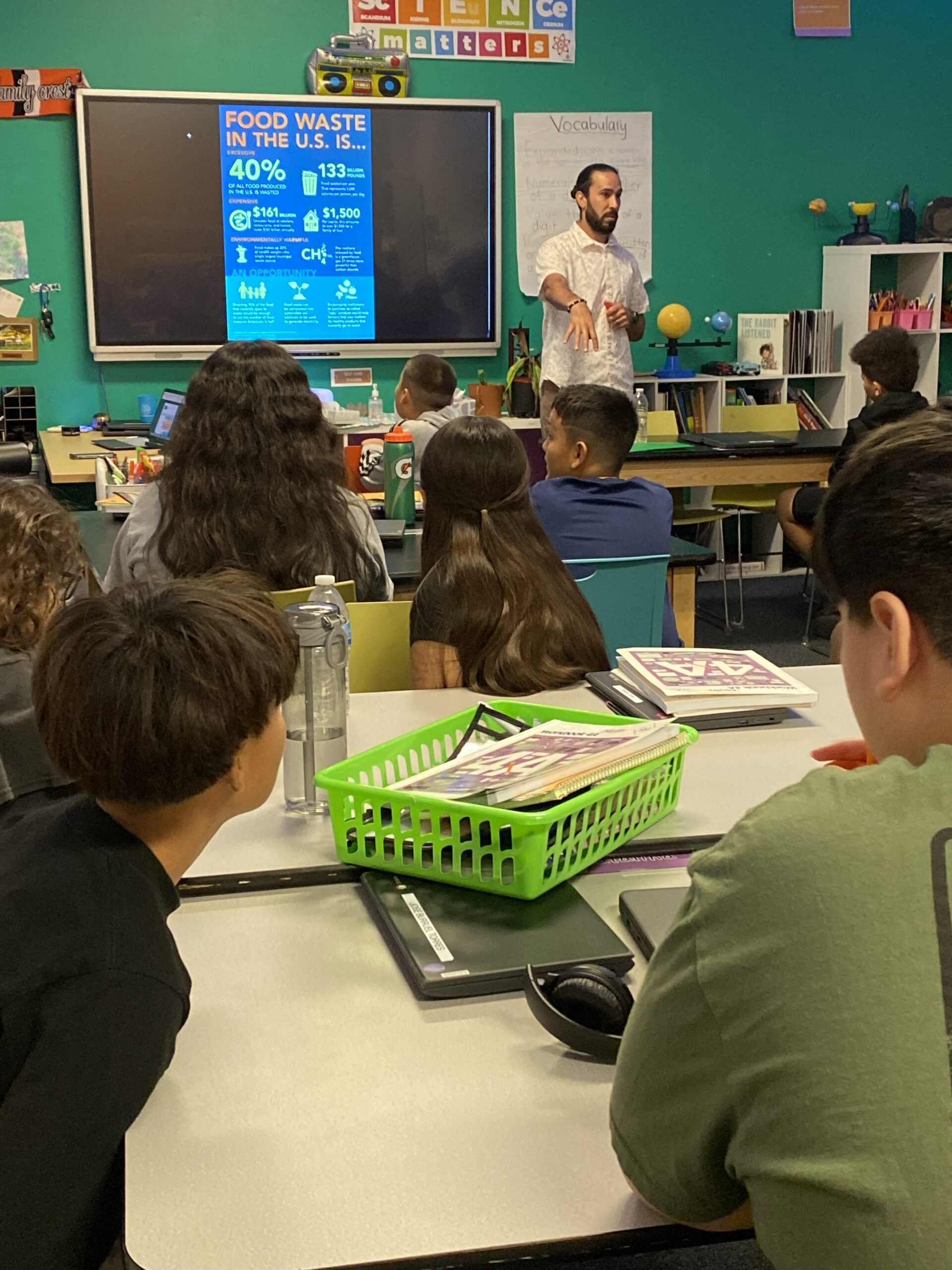 Teacher at the front of a classroom of students.